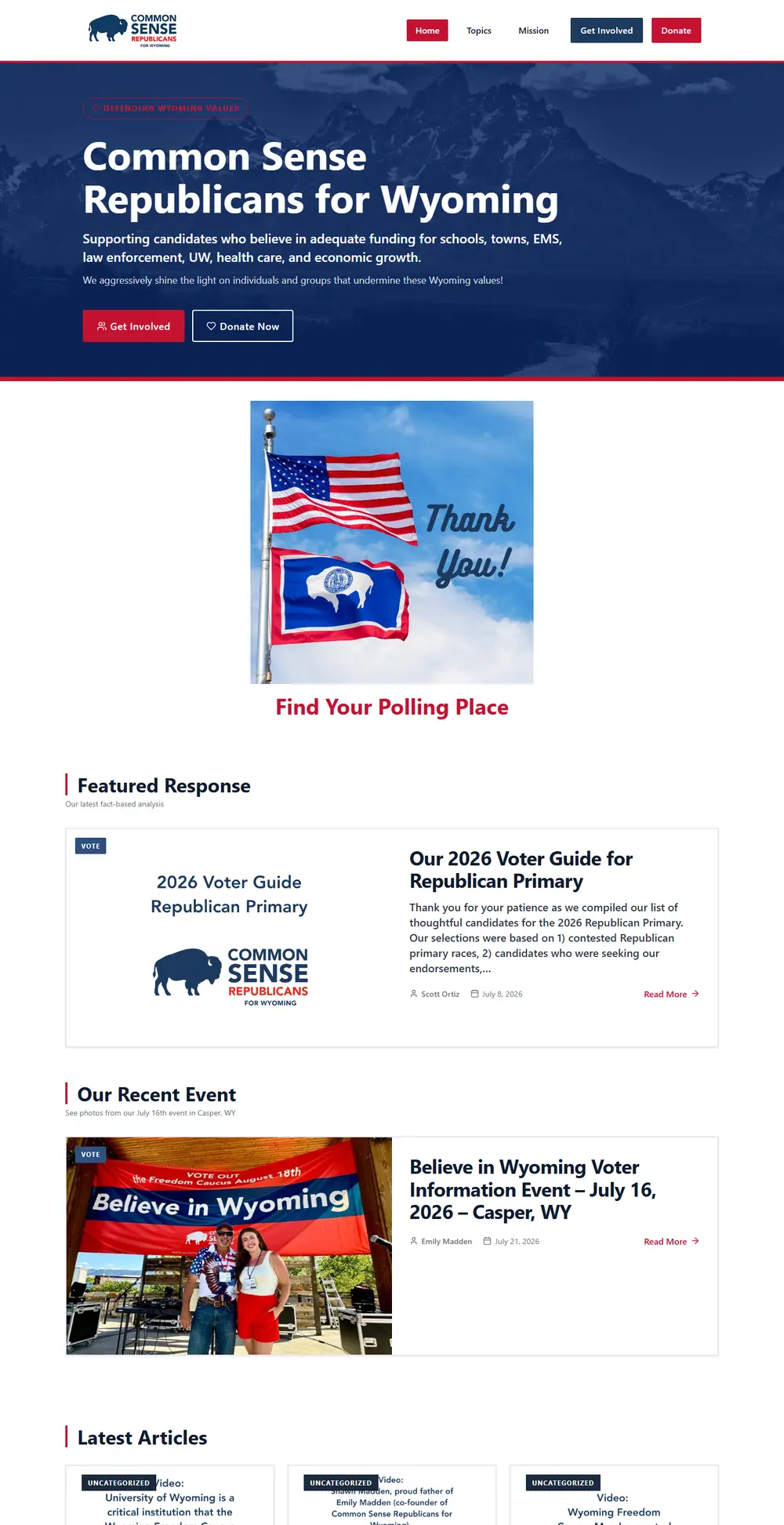 The Common Sense Republicans for Wyoming home page, with the committee name over a photo of the Teton mountains