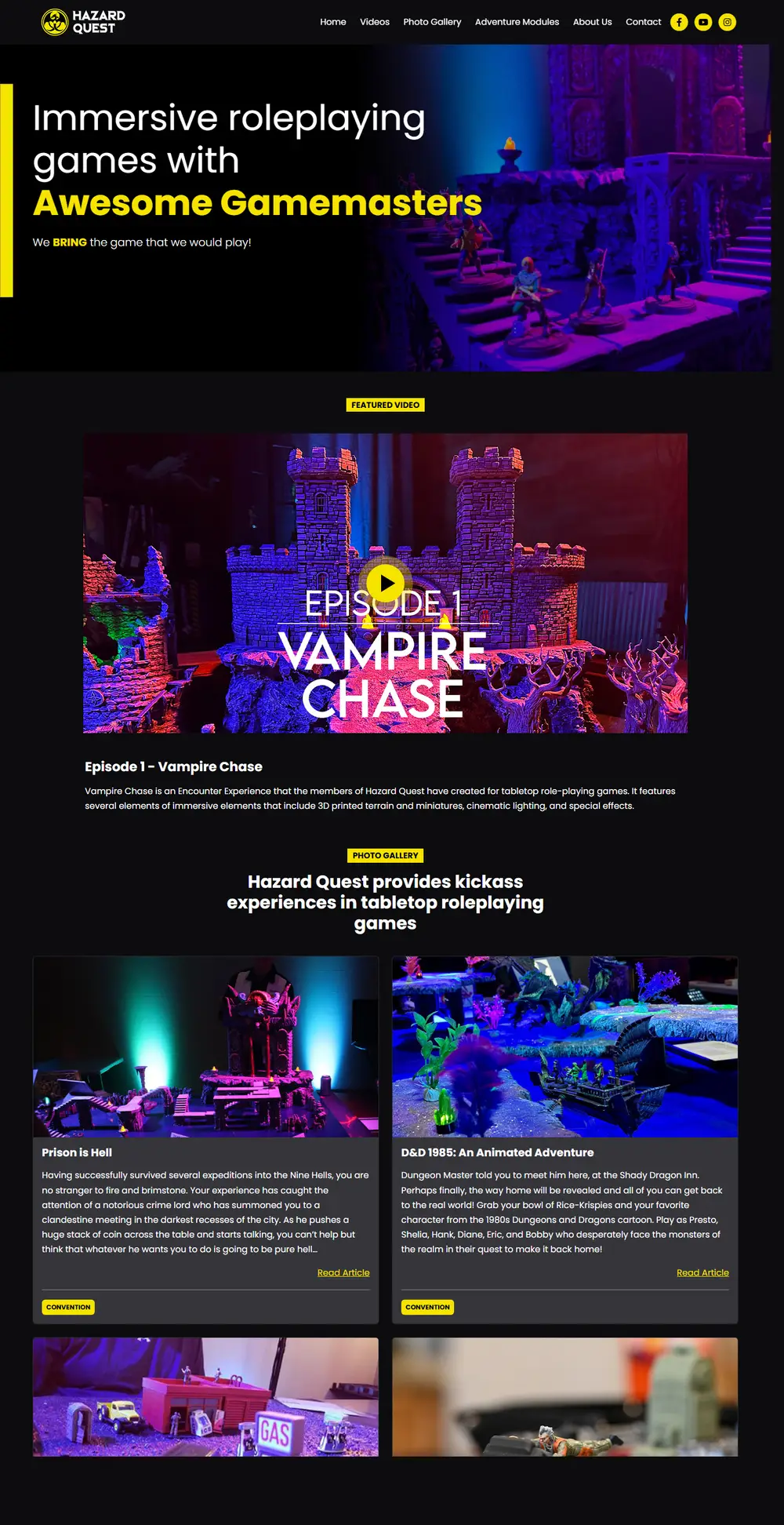 The Hazard Quest home page: miniatures on purple-lit 3D-printed terrain beside the headline “Immersive roleplaying games”