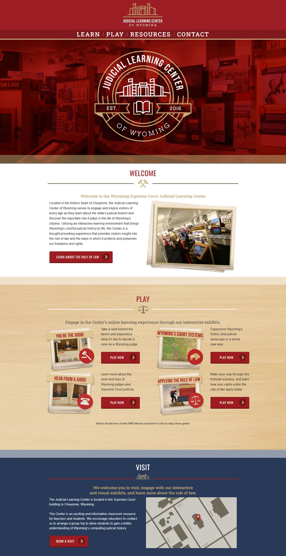 The Judicial Learning Center website home page, with the center’s crest over a photo of its exhibit hall