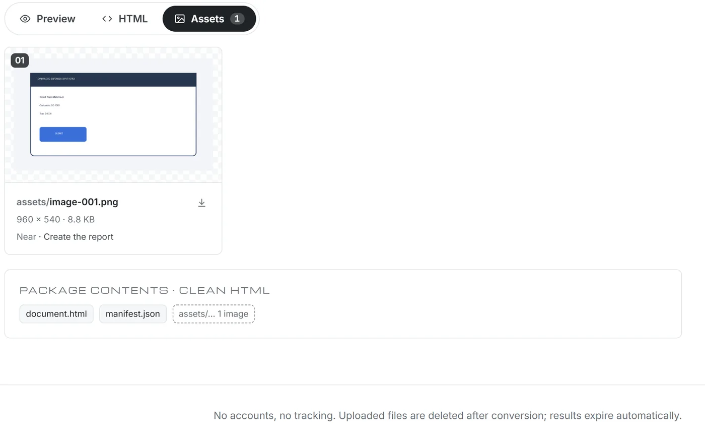 The Assets view of a converted document, showing one extracted screenshot image