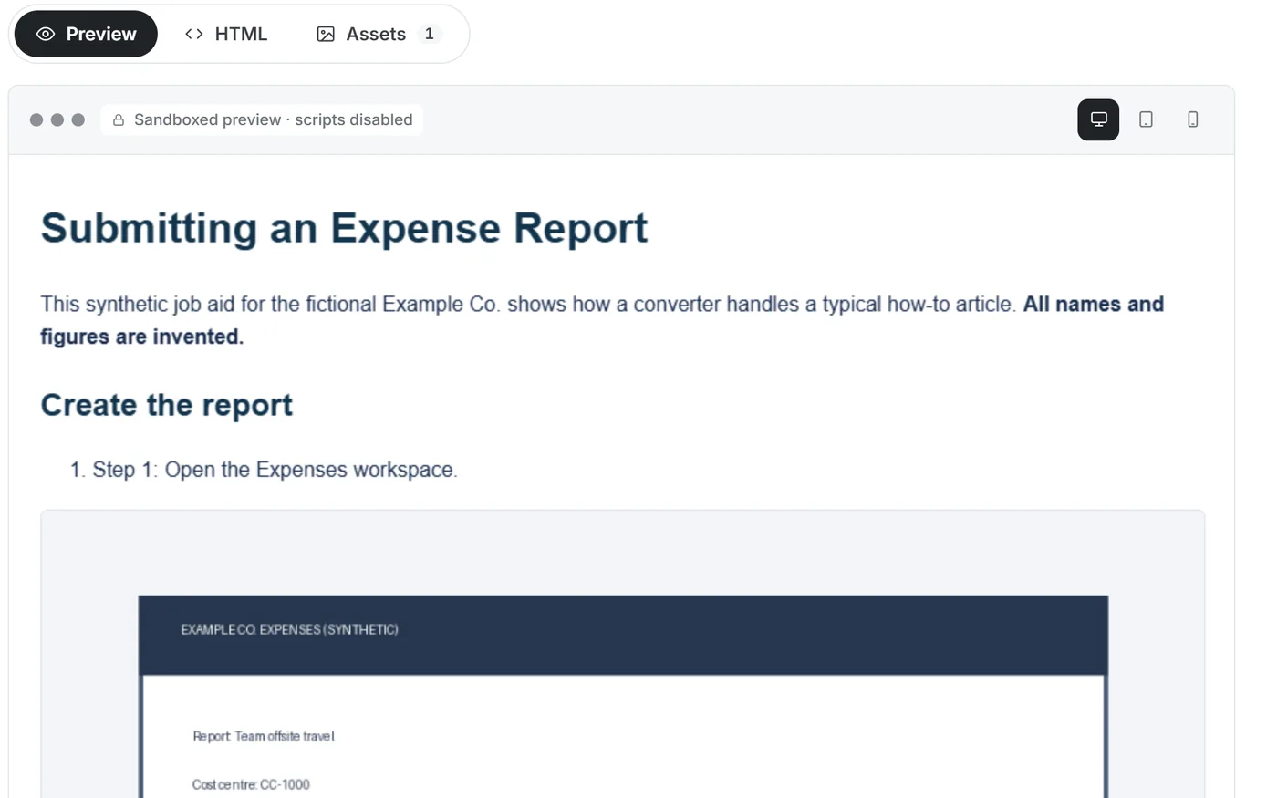 The converted sample document with the Freshservice Article profile selected and its preview