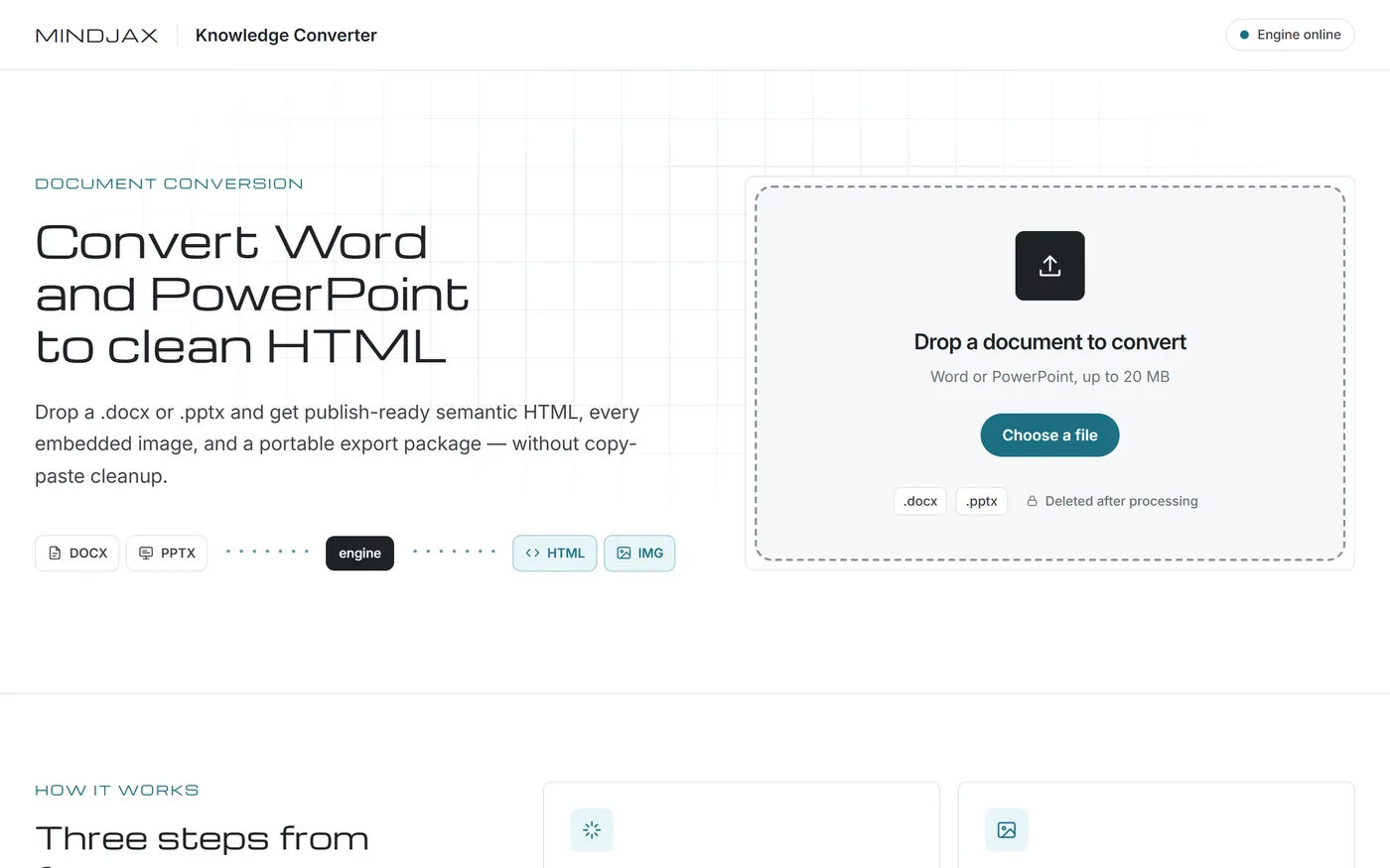 The Knowledge Converter upload screen, headed “Convert Word and PowerPoint to clean HTML”, with a drop zone for a document