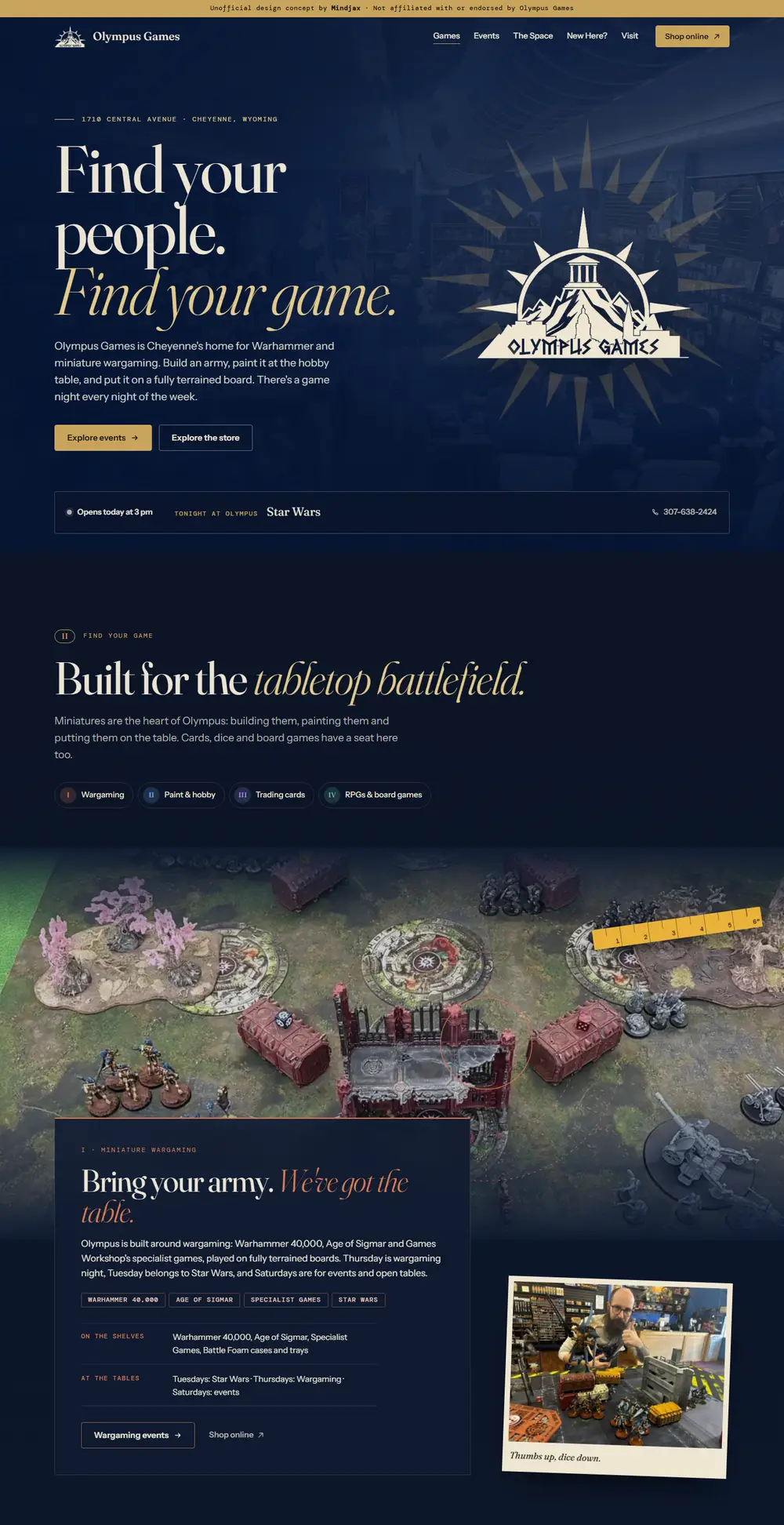 The Olympus Games concept home page: “Find your people. Find your game.” beside the store’s sunburst temple logo on a midnight-blue background